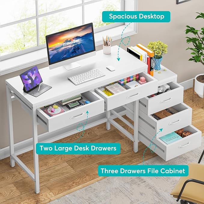 Tribesigns Computer Desk with 5 Drawers, Reversible Home Office Desks | Small Desk with Drawer Cabinet Printer Stand, PC Desk with Storage, White Study Writing Table Workstation for Small Spaces - Image 6