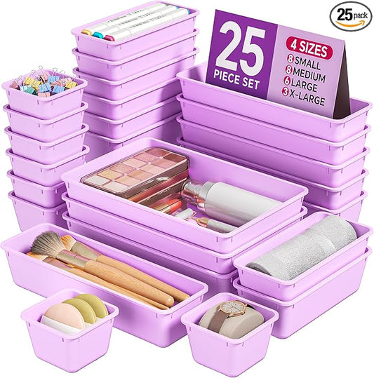 KEMETHY 25 PCS Plastic Drawer Organizers Set, 4 Sizes Vanity Organizer, Makeup and Desk Drawer Organizer Trays, Organization and Storage for Makeup, Bathroom, Kitchen Utensils and Office (Purple) by KEMETHYFocusesonCreatingEfficientStorageProductswithQualityMaterials