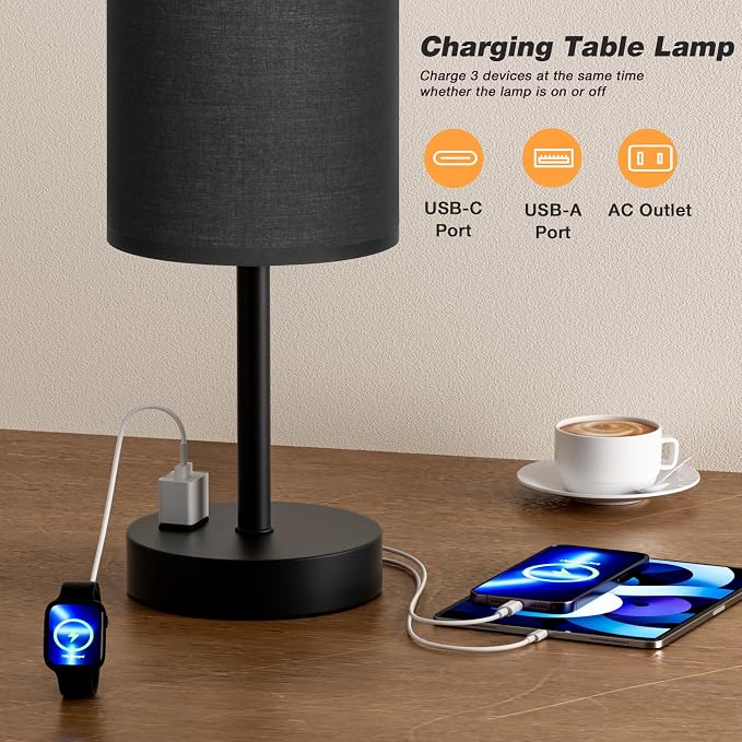 Fenmzee Touch Nightstand Lamp - Black, 3-Way Dimmable, USB A + C Charging, AC Outlet, 17.4inch Medium - Image 4