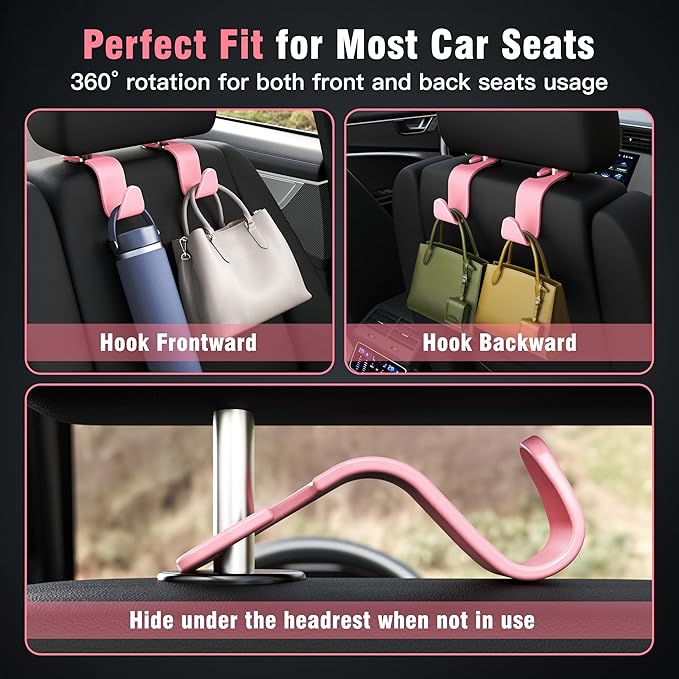 Amooca 4-Pack Car Headrest Hooks –Holds 55lbs Vehicle Storage Organizer Hanger for Purses Handbags Groceries Backpack Coats 360° Rotating Pink - Image 5