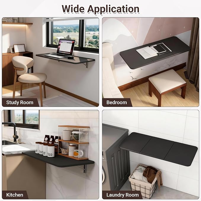 Neoaider Wall Mounted Folding Desk 35.4” x 15.7”, Black | Drop Down Table with Metal Collapsible Brackets, Folding Wall Table for Small Spaces, Home, Office, Kitchen, Laundry Room - Image 7