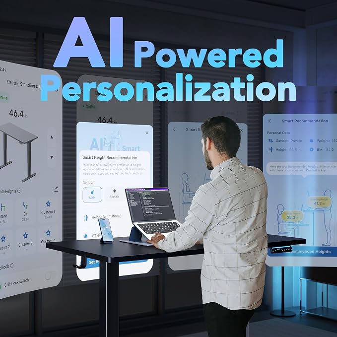 HUANUO One-Piece AI-Powered Electric Standing Desk, Smart APP, Work with Alexa & Google, Adjustable Height, 3 Memory Settings, Sedentary Reminder, Ergonomic Sit-Stand Desk, 48-inch, Black - Image 3