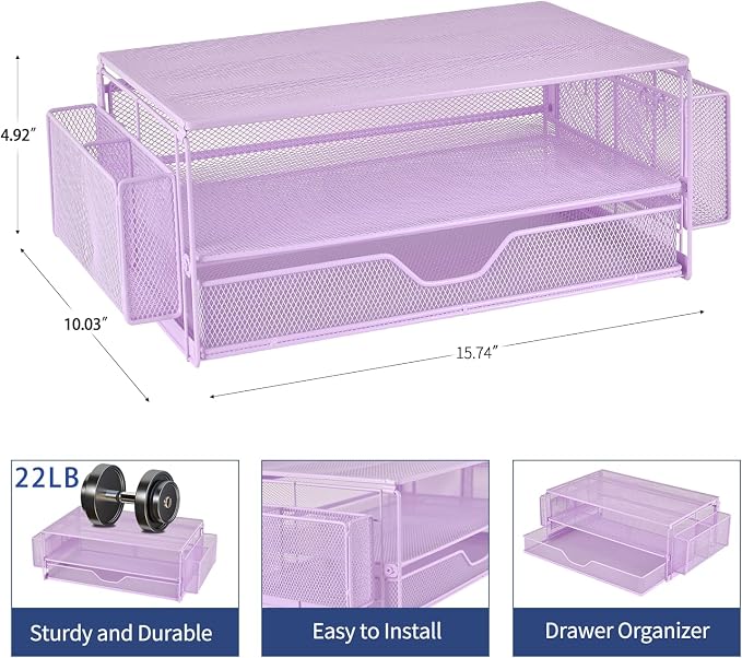 AUPSEN Computer Monitor Stands Riser，2-Tier Desk Organizers and Accessories, Office Desk Accessories Organizer with Drawers and 2 Pen Holder for Office Supplies (Purple) - Image 4