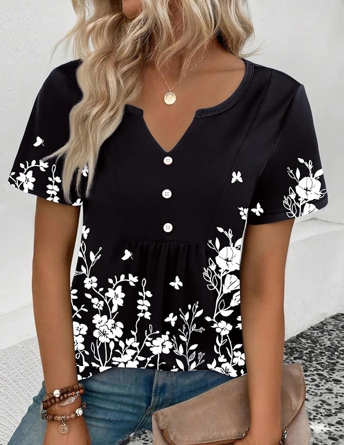 Zeagoo Womens Short Sleeve Tops Summer Henley V-Neck Tshirts Casual Pleated Blouse Dressy Loose Floral Basic Tee - Image 3