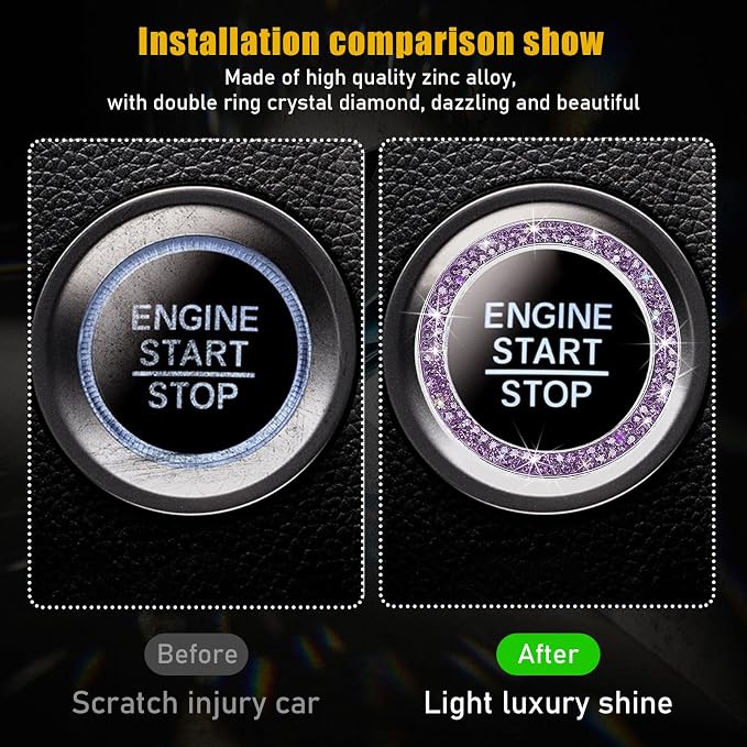 Kewucn 2 PCS Bling Crystal Double Rhinestone Car Engine Start Decoration Ring, Sparkling Push Start Button Sticker, Key Ignition & Knob Ring Decoration, Bling Car Interior Accessory(Purple) - Image 3