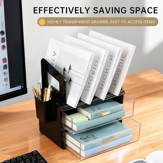 CiWiVOKi Desk Organizer with 4 File Slots and 2 Drawers, Black | File organizer with dual pen holders and storage compartments for mail, documents and office supplies - Image 7