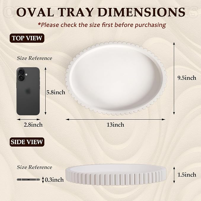 Oval Tray for Coffee Table Decor, 13" Concrete Tray, Table Centerpieces Decorative Trays for Home Decor, Modern Decorative Trays for Coffee Tables, Centerpiece Trays, White - Image 3