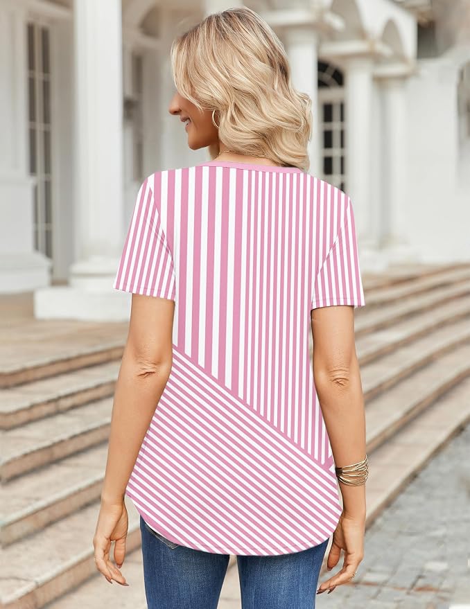 Zeagoo Womens Short Sleeve Tops Summer Henley V-Neck Tshirts Casual Pleated Blouse Dressy Loose Floral Basic Tee - Image 5