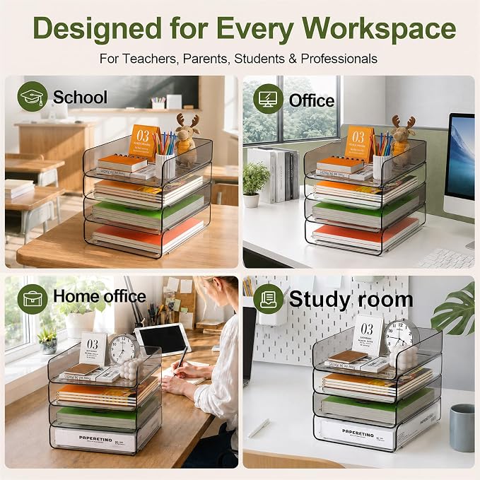 FANXIYQ 4-Tier Acrylic Paper Tray Organizer, 2-Tone Office Paper Organizer | Stackable, Tool-Free Design with 2-4 Tiers for A4 Paper, Files, Books and Mail; Ideal for School, Home Office and Study Room - Image 5