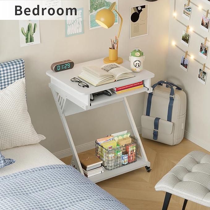 ALISENED Computer Desk for Small Spaces Compact Desk with Keyboard Tray | 23.6" Z-Shaped, with Wheels and Bottom Shelves, for Home Office, Computer Cart Mobile Laptop Cart, White - Image 2