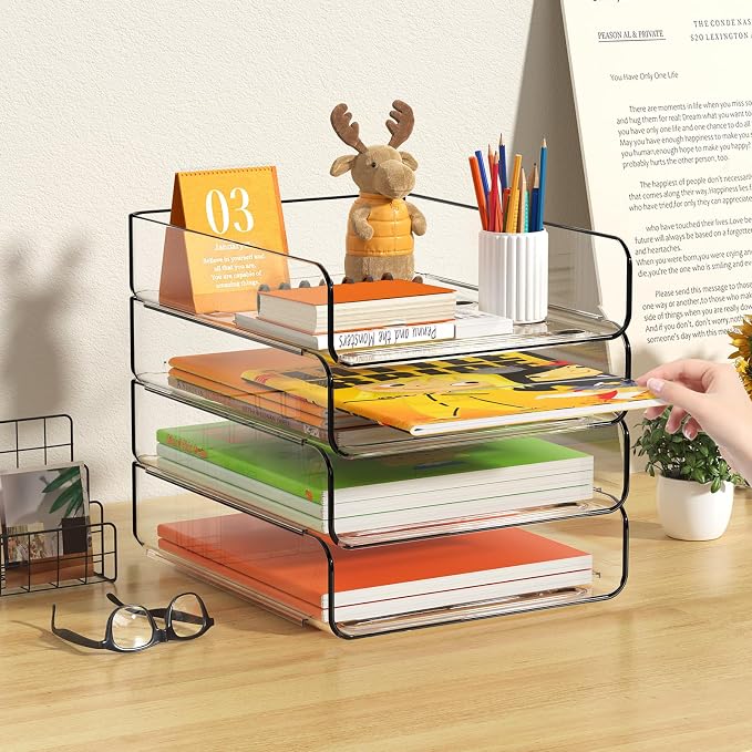 FANXIYQ 4-Tier Acrylic Paper Tray Organizer, Clear Stackable Desk File Organizer for Documents, Files, Letters, A4 Paper, Books, Notes, Mail & Paper Storage, Office Classroom Home - Image 7