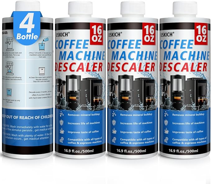 4 Pack Coffee Machine Descaler Descaling Solution -16 Uses,Descaling Solution for Descaling Solution for Keurig, Nespresso, Delonghi,Espresso Machines by USKICH