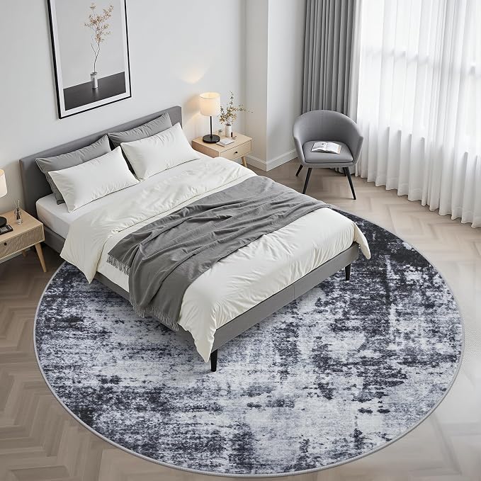 Round Area Rug for Living Room: 8 ft Washable Modern Abstract Soft Thin Rug Indoor Floor No Slip Stain Resistant Carpet for Bedroom Dining Room Farmhouse Nursery Home Office - Dark Black - Image 2