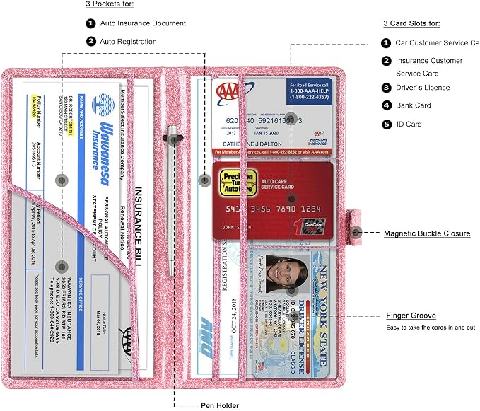 TOURSUIT Car Registration and Insurance Card Holder, Glitter Pink | Vehicle License Document Organizer, Glove Box Compartment, Interior Car Accessories, For Women Men - Image 2