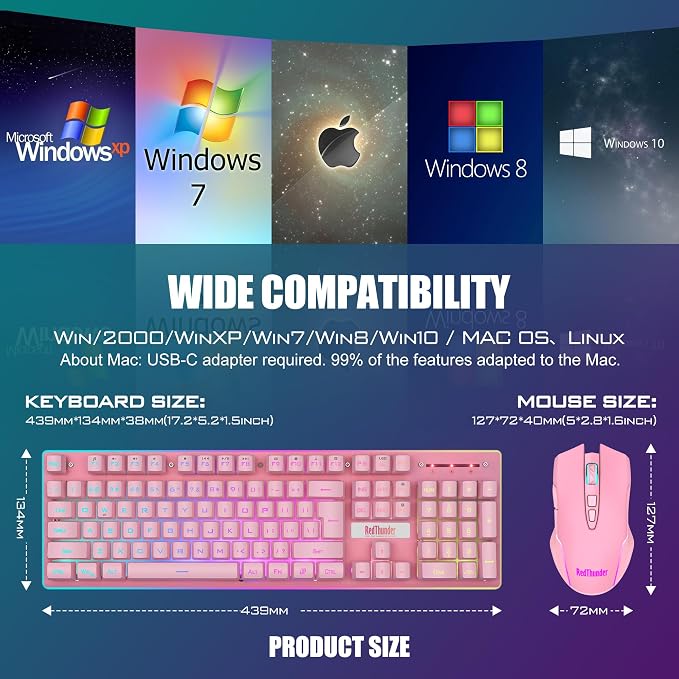 RedThunder K10 Wireless Gaming Keyboard and Mouse Combo, LED Backlit Rechargeable 3800mAh Battery, Mechanical Feel Anti-ghosting Keyboard + 7D 3200DPI Mice for PC Gamer (Pink) - Image 7
