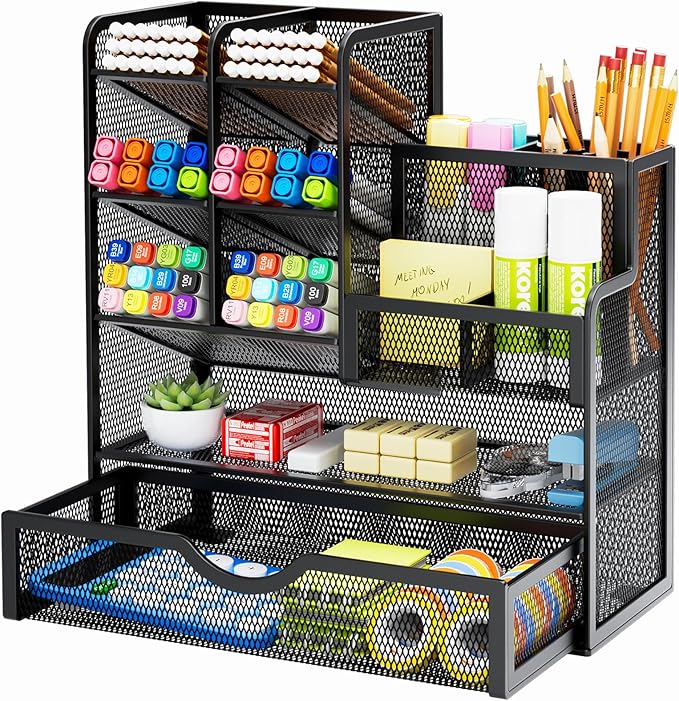 Marbrasse Mesh Pen Holder for Desk, Multi-Functional Pencil Organizer with Drawer, Desk Organizers and Accessories for Office Art Supplies (Black) by Marbrasse