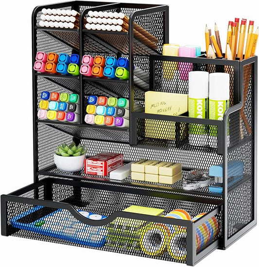 Marbrasse Mesh Pen Holder for Desk, Multi-Functional Pencil Organizer with Drawer, Desk Organizers and Accessories for Office Art Supplies (Black) by Marbrasse