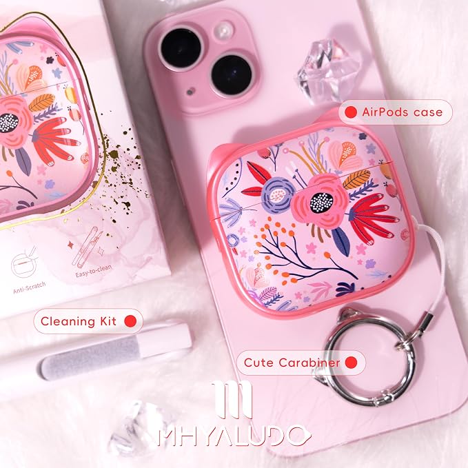 for AirPods 4 Case with Cleaning Kit, Cute Cat Ear Print Design & Cute Buckle, Inverted Phone Holder Design, Top Safe Lock Buckle Design, for Girls AirPods 4 case 2024, Pink Flower - Image 7