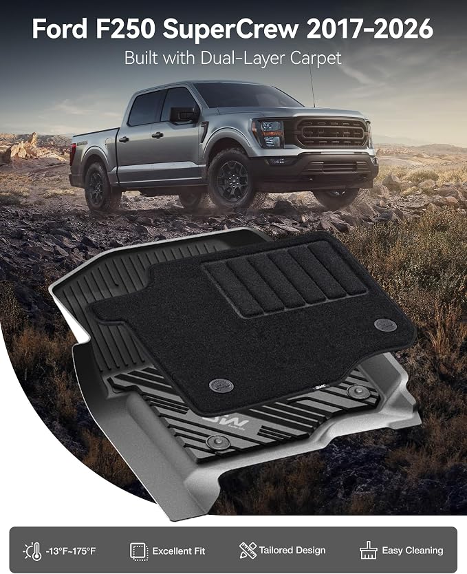 3W Floor Mats & Front Carpet for Ford Super Duty Crew Cab F-250 & F-350 & F-450 & F-550 (2017-2024 2025), All-Weather Storage TPE 1st & 2nd Row Liners, Bucket Seat Compatible, Not for Vinyl Floor - Image 2