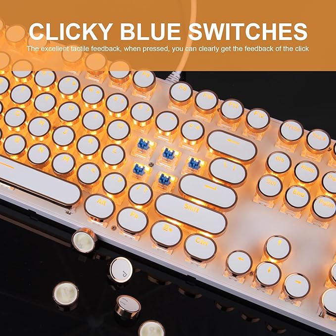 Camiysn Typewriter Style Mechanical Keyboard, Retro Punk Gaming Keyboard with Gold LED Backlit, Cute Wired Keyboards,104 Keys Full Size Keyboards, Uique Round Keycaps for Windows/Mac/PC(White&Gold) - Image 5