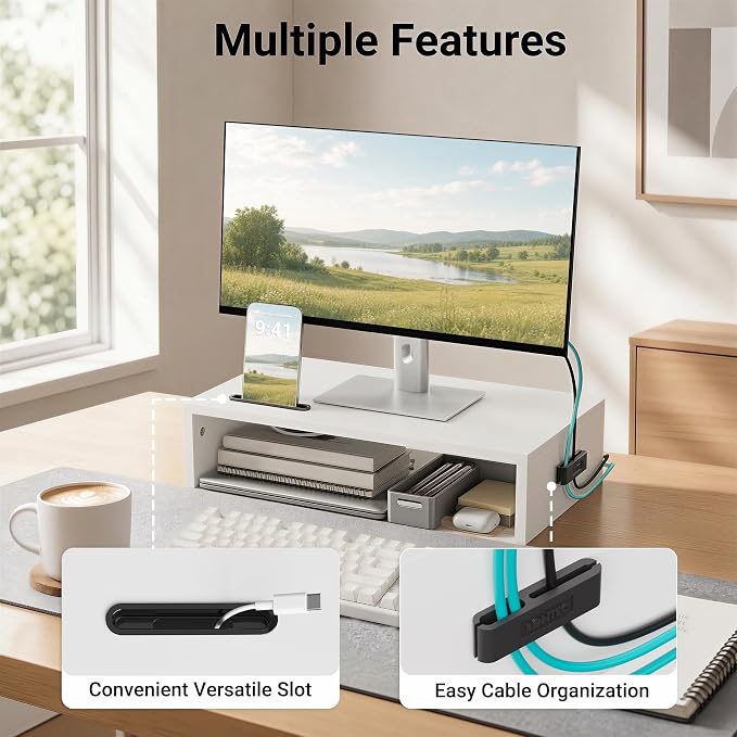 BONTEC Monitor Stand Riser with Cellphone Holder & Cable Management | 16.7 Inch Wood Monitor Riser Stand, Desktop Stand for PC/TV/Laptop/Printer, White - Image 3
