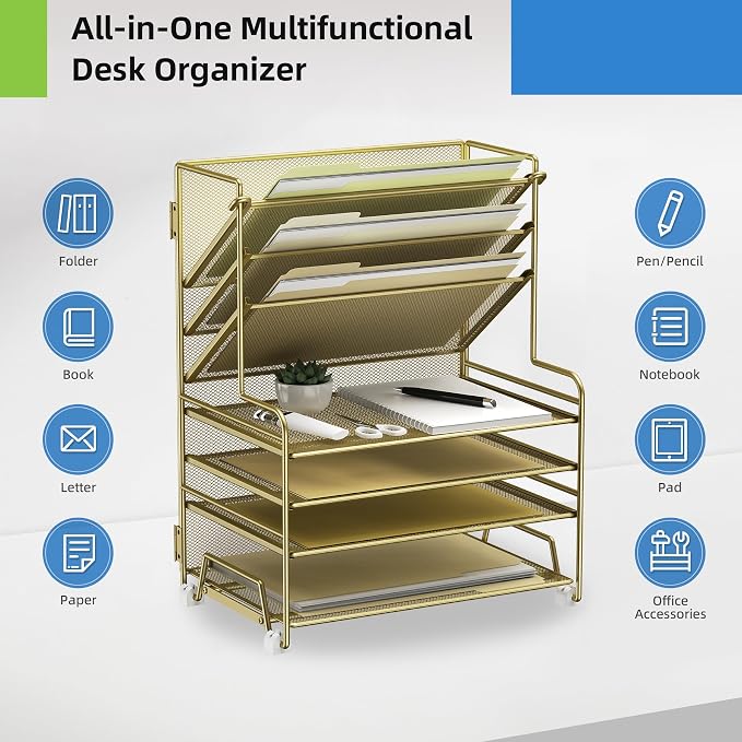 MINDEPOT 4-Tier Paper Organizer + 3-Pocket File Holder + Drawer + Pen Holders, Desktop File Organizers Paper Tray for Office Supplies School Classroom Organization (Gold, no Drawer & Pen Holder) - Image 3