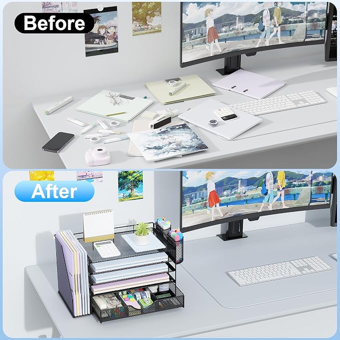 gianotter 5-Tier Desk Organizer with Drawers and File Holders | Letter Trays and Pen Holders - Workspace Accessories for Office Supplies (Black) - Image 2