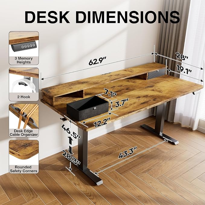 Veken 63x28 in Electric Standing Desk with Drawers, Adjustable Table, Brown | Stand up Computer Desk for Home Office, Work & Study, with Storage, 3 Memory Presets, Cable Organizer, Hook, and Quiet Lift. - Image 3