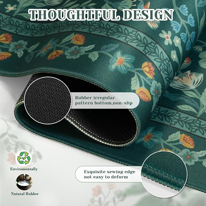 iCasso Aesthetic Flower Mouse Pad,23.6x13.7in,Deep Green | Vintage Desk Matt for Desktop, Anti-Slip Mousepad with Stitched Edges for Laptop Computer Keyboard - Image 4