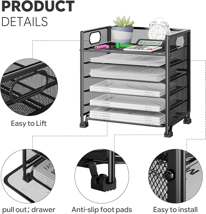 Simple Trending 6-Tier Paper Tray Organizer, File Organizer for Desk, Black | Letter Tray Holder with Handle. Sturdy Metal Frame. Non-slip Feet. Black for Office Home School. 13.35"L x 9.35"W x 15.6"H - Image 6