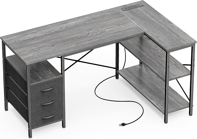 Huuger L Shaped Office Desk with Power Outlets, 47 Inch Computer Desk with 3 Drawers, Shelves, for Gaming, Corner Work, Home Office, Study, Grey by Huuger