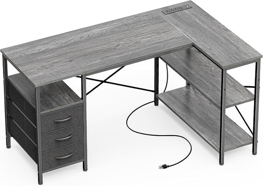 Huuger L Shaped Office Desk with Power Outlets, 47 Inch Computer Desk with 3 Drawers, Shelves, for Gaming, Corner Work, Home Office, Study, Grey by Huuger