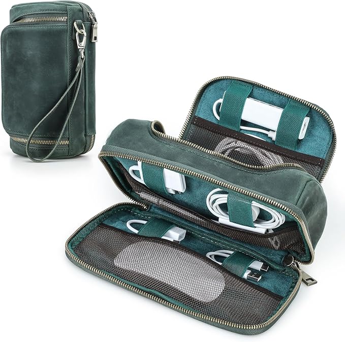 Hiram Handmade Crazy Horse Leather Tech Organizer Travel Case – Accessories Organiser Bag for Laptop, Tablet & Cell Phone, Double Compartment Charger Organizer Travel Case Green by Hiram