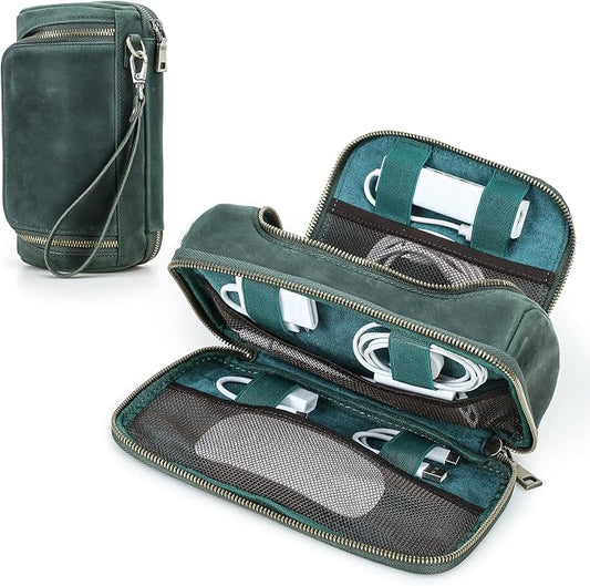 Hiram Handmade Crazy Horse Leather Tech Organizer Travel Case – Accessories Organiser Bag for Laptop, Tablet & Cell Phone, Double Compartment Charger Organizer Travel Case Green by Hiram