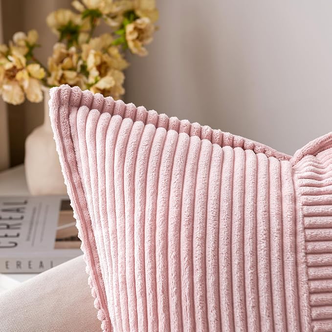 MIULEE Spring Decorative Throw Pillow Covers for Couch Bed Livingroom 18x18 Inch Set of 2 Pink Boho Accent Throw Pllows Broadside Striped Patchwork Soft Corduroy Pillowcases Valentine Decor - Image 2