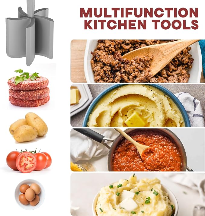 PGYARD Meat Chopper Hamburger Grinder, Kitchen Smasher for Ground Beef | Heat Resistant, 5 Blade, Burger Grinder Nylon Potato Mix Tool, Meat & Poultry Tenderizers, Dishwasher Safe, Grey - Image 3