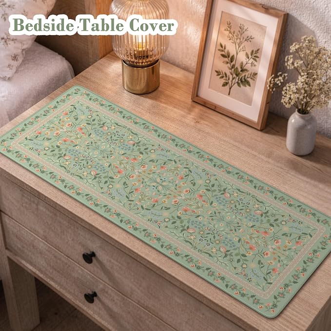 iCasso Aesthetic Floral Desk Mat,31.5x11.8in Mouse Pads,Light Green | Anti-Slip Mousepad with Stitched Edges, Waterproof Computer Pad, Desk Accessories Office Decor for Women - Image 7