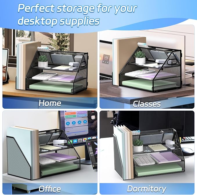 Docnest 3 Tier Desk Organizer with File Holder & Pen Holder, Black | Features 3 built-in pen holders with removable dividers. Space-saving mesh storage for office mail, files & stationery - Image 6