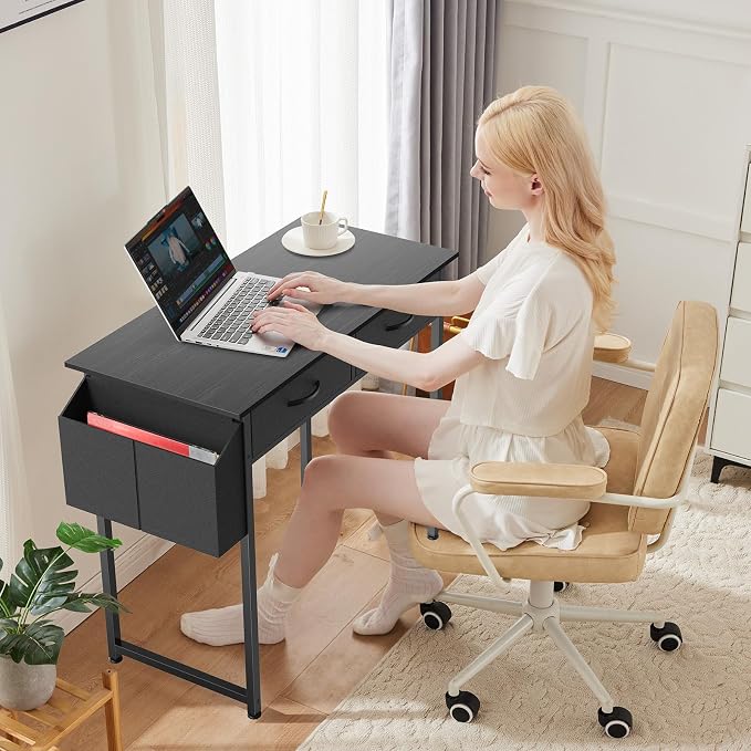 OLIXIS 32 Inch Small Desk, Computer Desk, Home Office | Fabric Drawers, Side Bag, Headphone Hook, Writing Study Work Table, Bedroom, Sleek Black - Image 7