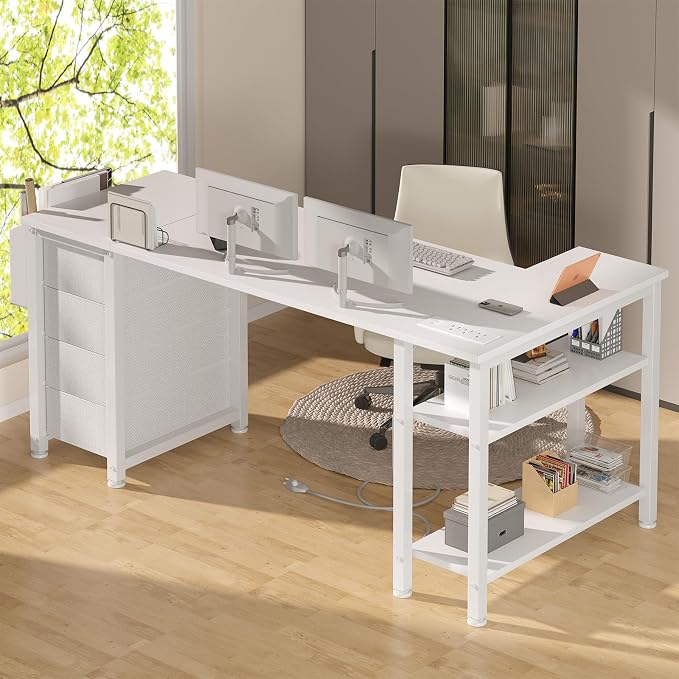 Lufeiya White L Shaped Desk with Drawers & Storage Shelves, 55 Inch Corner Computer Desk with Power Outlet for Home Office Bedroom, L-Shaped Teen PC Desks with Fabric Drawer, White - Image 5