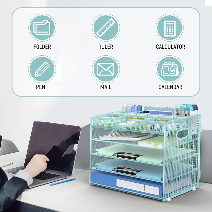 Docnest 5 Tier Mesh Desk Organizer with Removable Tray&Pen Holder, Blue | Features 3 detachable pen holders and 4 removable dividers.Versatile mesh desktop storage for mail, document,office supplie - Image 7