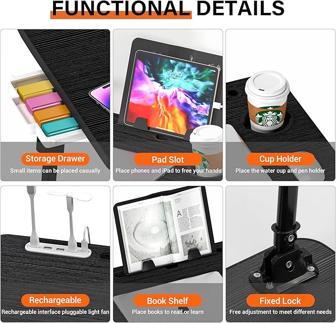 Lap Desk for Bed, Adjustable Laptop Desk with USB Charging Port, Storage Drawer & Bookshelf — Foldable Bed Desk for WFH & Students, 23.6" Desktop Fits 17" Laptop, Non-Slip, Black - Image 5