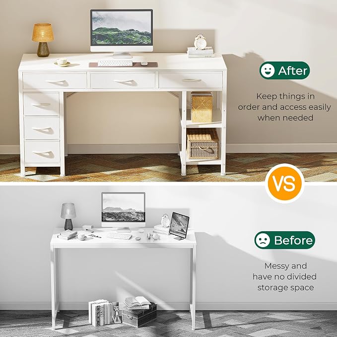 Huuger Computer Desk with 6 Drawers, Office Desk with Shelves, Reversible Gaming Desk, Corner Desk with Storage, Work for Home Office, Study, Living Room, 47inch, White - Image 5