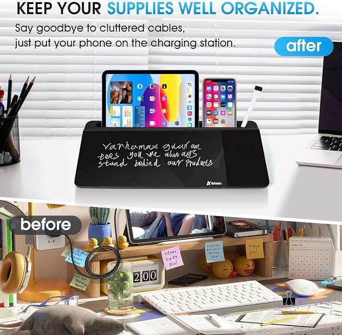 Varhomax Glass Desk Whiteboard Black with Wireless Charger, Desktop Dry Erase White Board with Storage,to Do List Memo Notepad for Home and Office - Image 4
