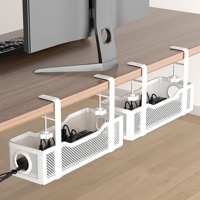 2 Pack Under Desk Cable Management Box White, Cinati 26.8" Wire Organizers No Drill, Cord Organization Tray with Clamp for Office, Home - No Damage to Desk by Cinati