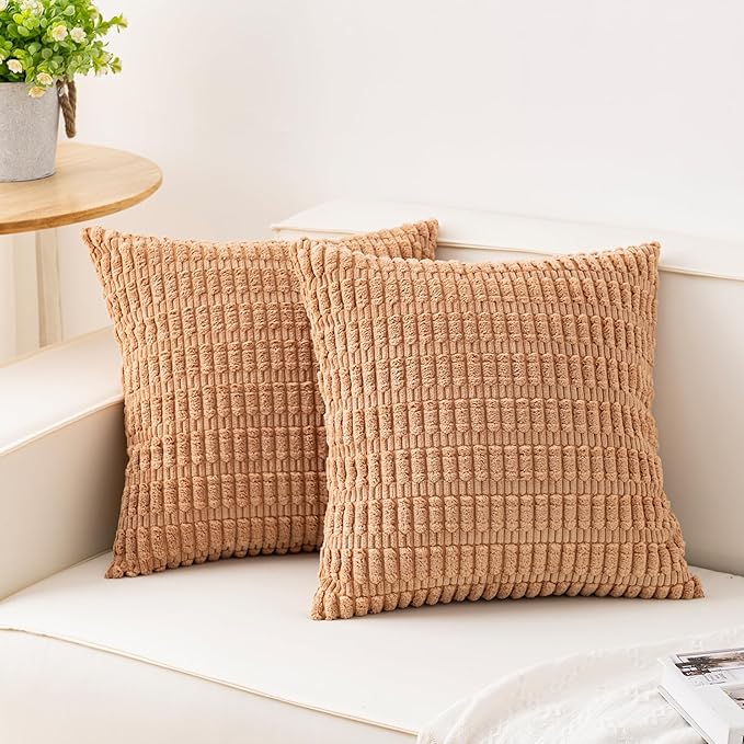 Aegero Pack of 2 Corduroy Decorative Throw Pillow Covers 18x18 Inch Soft Striped Pillow Covers Modern Farmhouse Home Decor for Sofa Living Room Couch Bed（Apricot） by Unknown