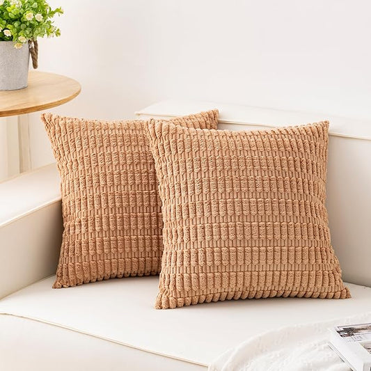 Aegero Pack of 2 Corduroy Decorative Throw Pillow Covers 18x18 Inch Soft Striped Pillow Covers Modern Farmhouse Home Decor for Sofa Living Room Couch Bed（Apricot） by Unknown