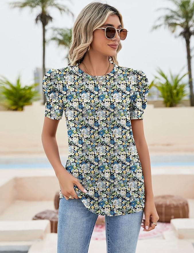 Ivicoer Puff Short Sleeve Shirt for Women Eyelet Tops Summer Crewneck Blouse Loose Fit S-XXL - Image 2