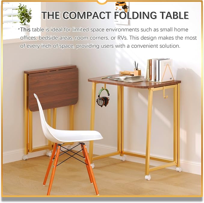 4NM 23.6" Mobile Small Folding Desk, Foldable Rolling Computer Home Office Desk, Study Writing Table for Small Space Saving Bedroom, with Wheels - Brown and Gold - Image 3