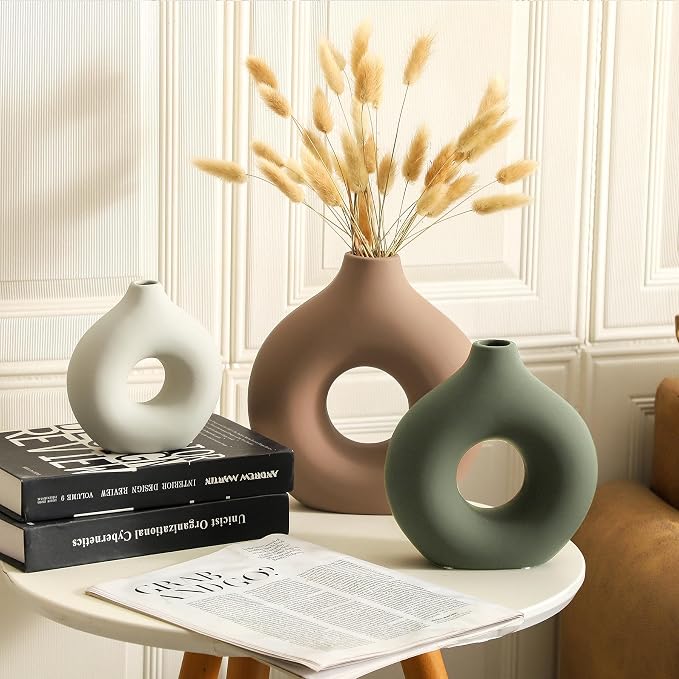 Vanselia Ceramic Vase Home Table Decor - Flower Vases Set of 3 Small Living Room Centerpiece Decorations for Shelf Bedroom Office Kitchen Dining Desk Modern Aesthetic Farmhouse Decorative (Brown) - Image 5